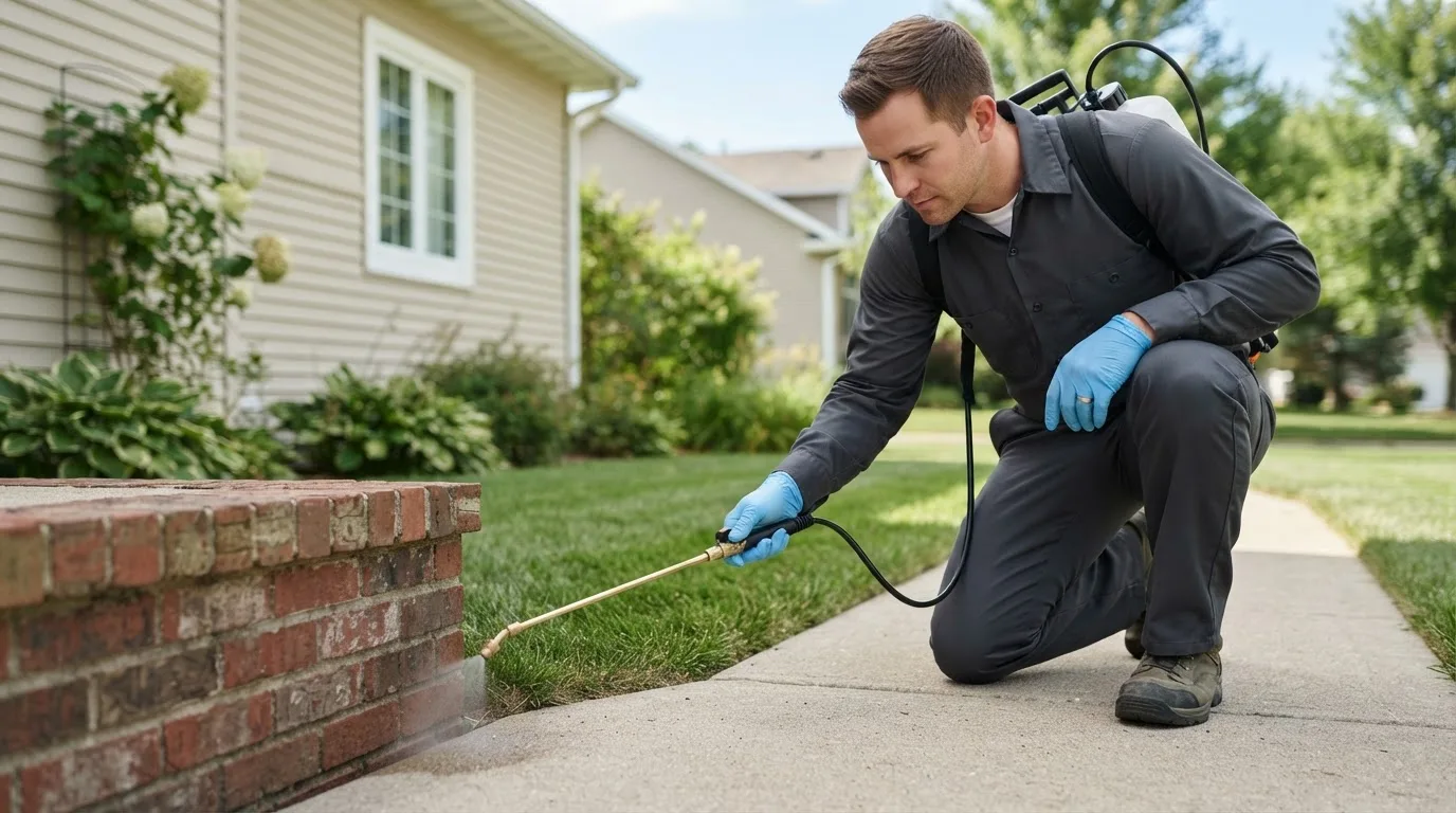 Pest control technician treating a home near Oshkosh, NE