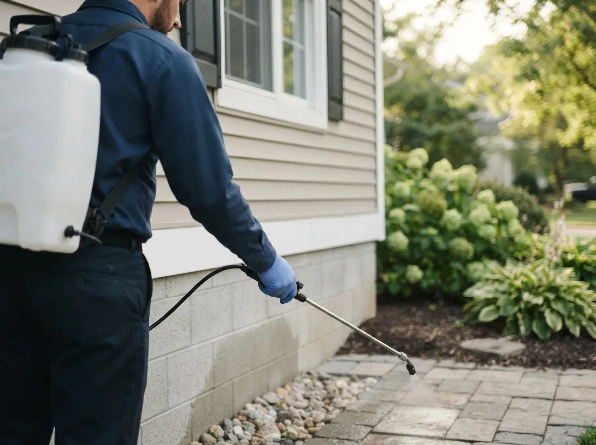 Pest control technician inspecting a home in Oshkosh, NE